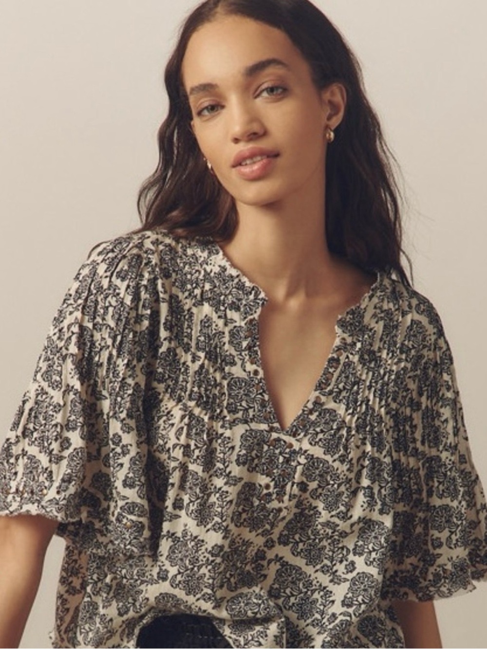 Floral Print Peasant Blouse - Cream and Black Anthropologie